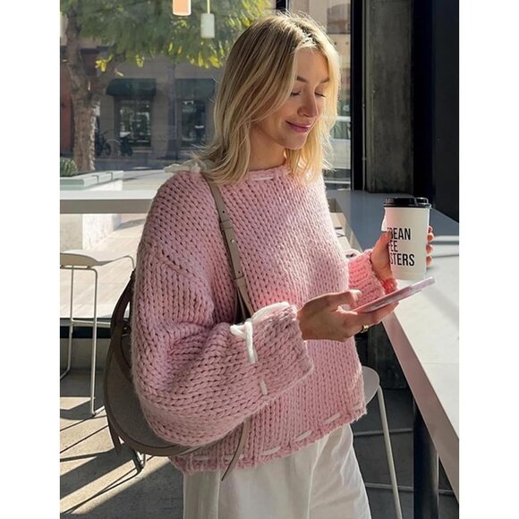 Womens Y2K Pullover Sweater Knit Loose Fit Bow Lace Up Going Out Top - Picture 5 of 6